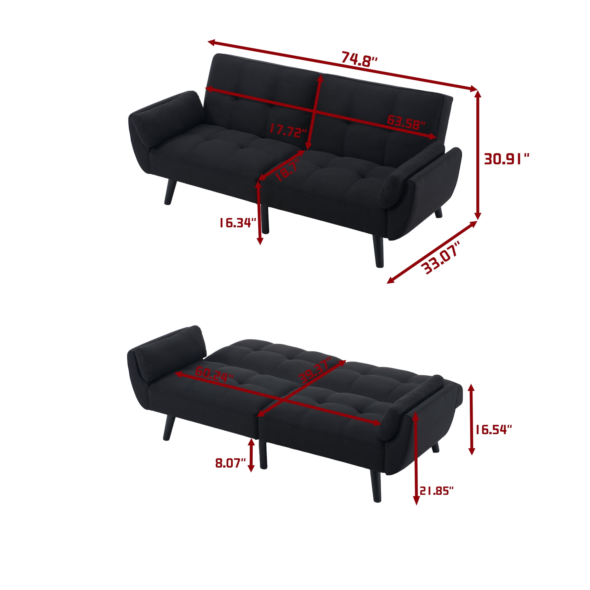 BSHTI 74.8" Linen Convertible Futon Sofa Bed with Split Back & 3-Position Adjustment, Tufted Design, Flared Arms, for Living Room & Guest Room( Black)