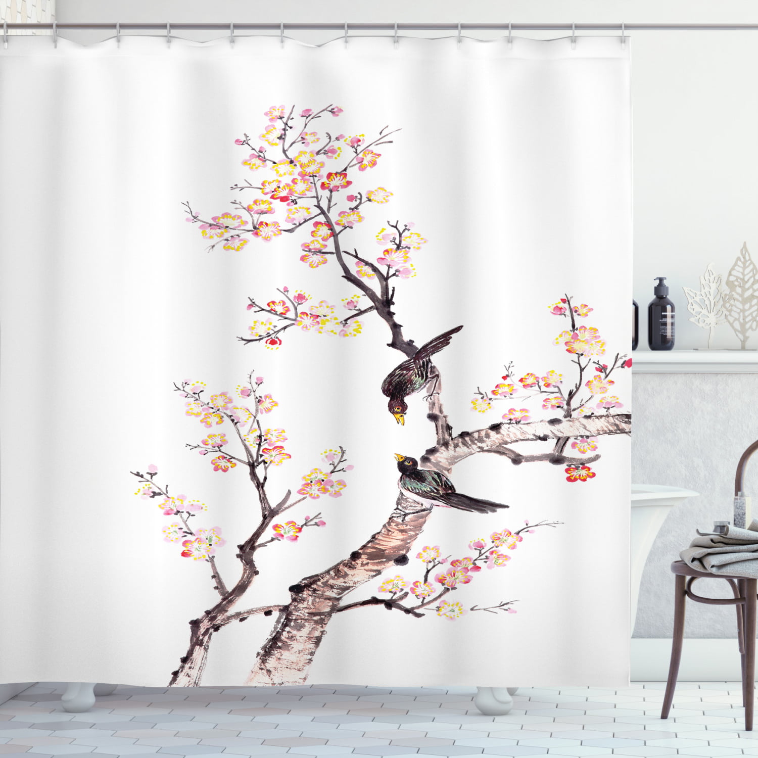 Red Sun Asia Plum Fabric Bathroom Shower Curtains & Hooks 71x71" 