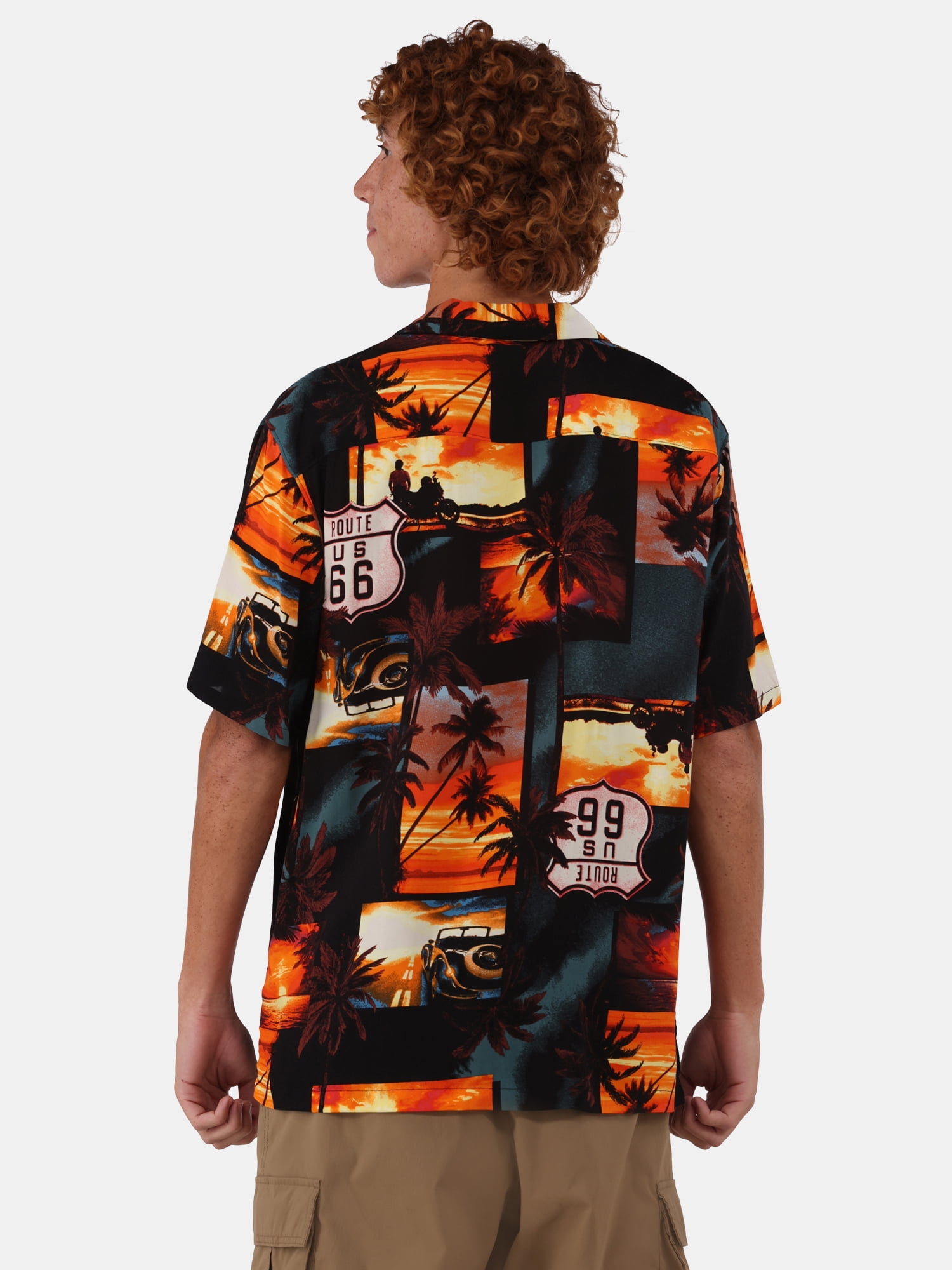 No Boundaries Printed Rayon Button Up Resort Shirt with Short Sleeves, Men's & Big Men's