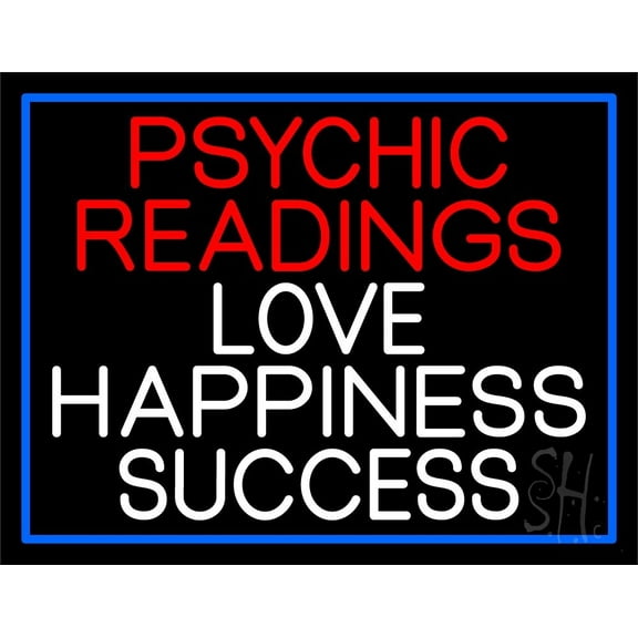 Red Psychic Readings And Love Happiness With Border Success LED Neon Sign 24" Tall x 31" Wide - inches Black Square Cut Acrylic Backing, with Dimmer - Premium built indoor Sign for Storefront.