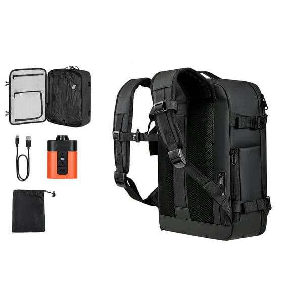 KFFKFF 35L Vacuum Compression Travel Backpack with Air Pump, Water-Resistant Carry-On Bag with Multiple Compartments, Compact Personal Item Bag for Travel, Black