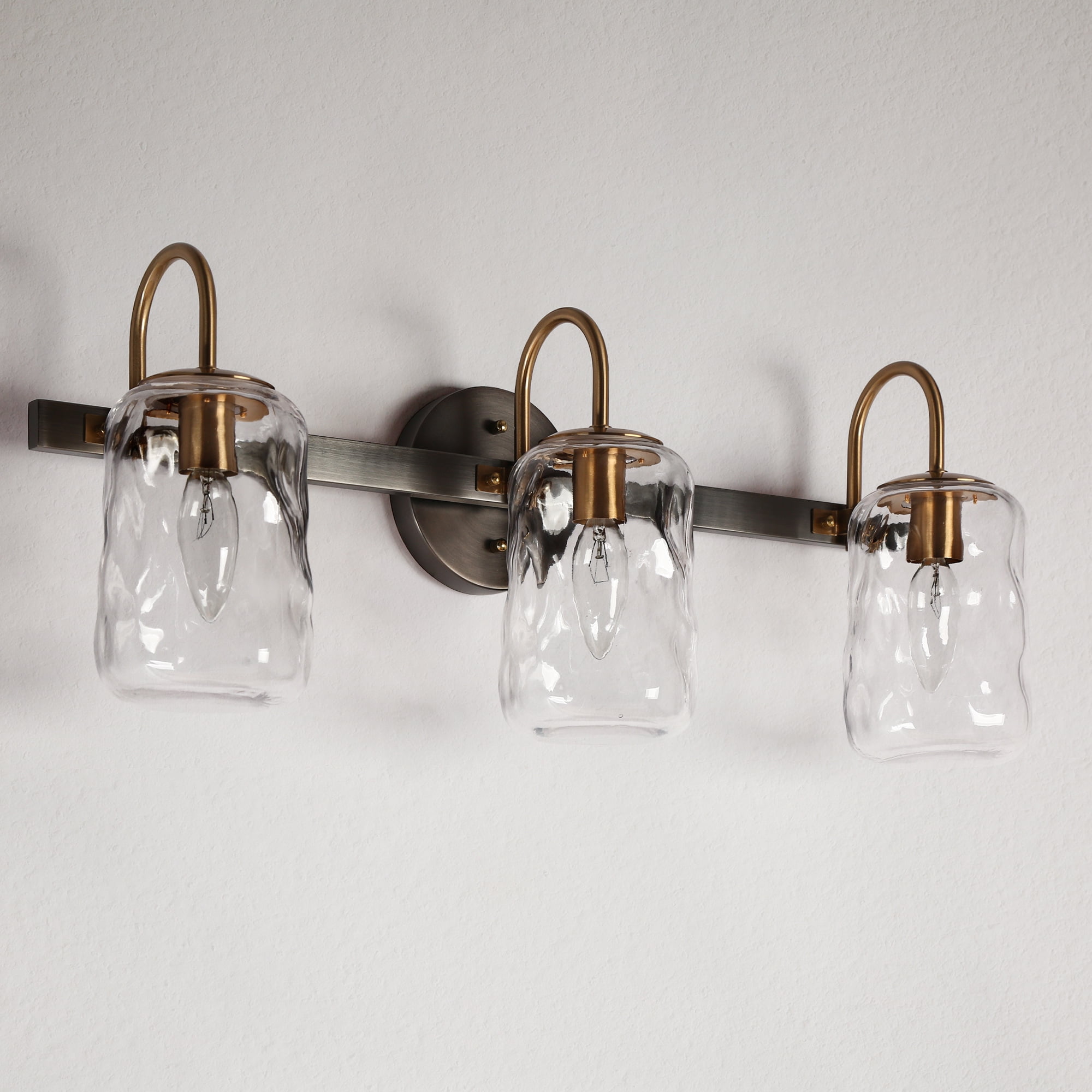 LNC Modern 3-Light Bathroom Vanity Light with Clear Water Glass, Black and Gold Fixture