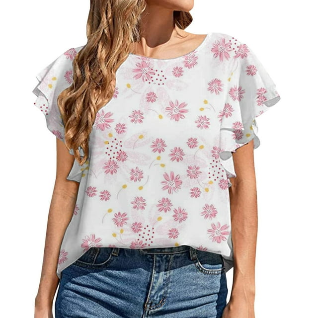 Hauts d'Entraînement Grande Taille pour Femmes Mode d'Été Décontractée Col Rond à Volants Manches Courtes Imprimé Pull Blouse Col en V T-Shirt Femmes en Solde