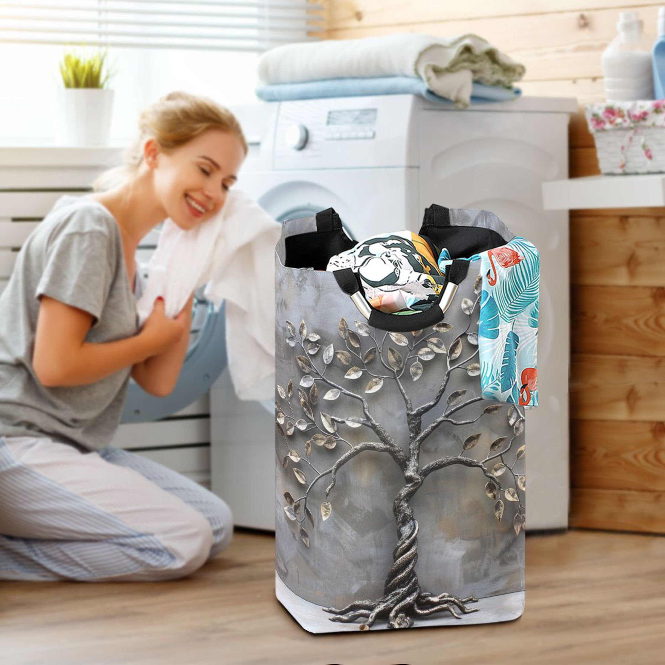 Metal Tree Laundry Basket with Handles Foldable Laundry Hamper Freestanding Washing Bin 50L
