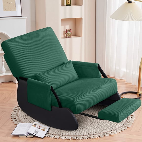 AprLeaf low Rocking Recliner Chair with Adjustable Backrest and Retractable Footrest, Wide Corduroy Lounge Chair with Side Pockets, 350 lb Capacity,for woman,Green