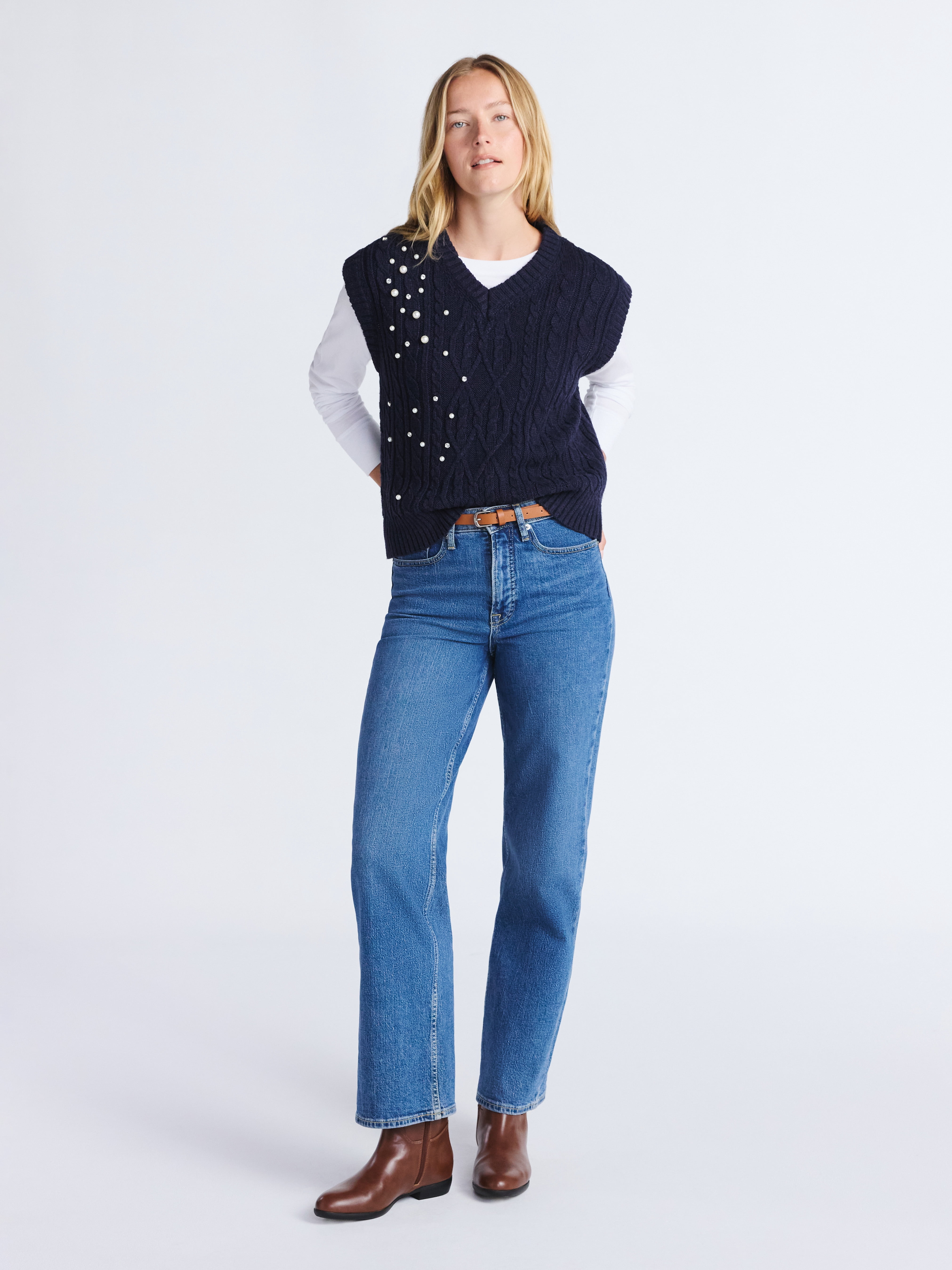 Free Assembly Women's Embellished V-Neck Cable Sweater Vest, Sizes XS-XXL