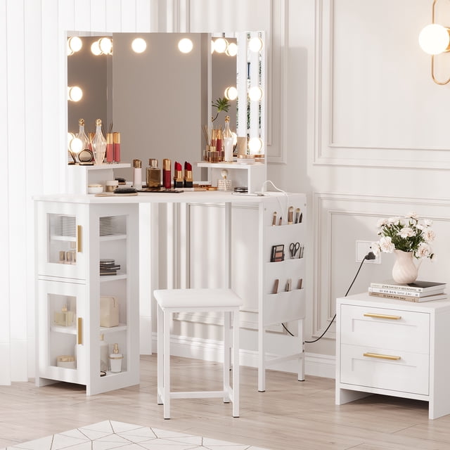 Corner Vanity Desk Set with Light Bulbs Mirror & Charging Station - Bedroom Makeup Table with Stool and Storage Cabinet