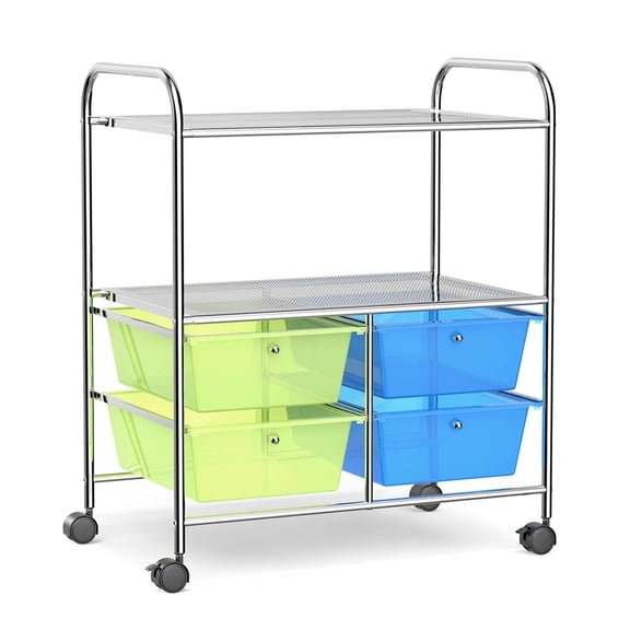 4 Drawer Rolling Storage Cart with 2 Shelves, Mobile Organizer Utility Cart for Home Office Kitchen School Salon, Durable Metal Frame with Wheels, Green