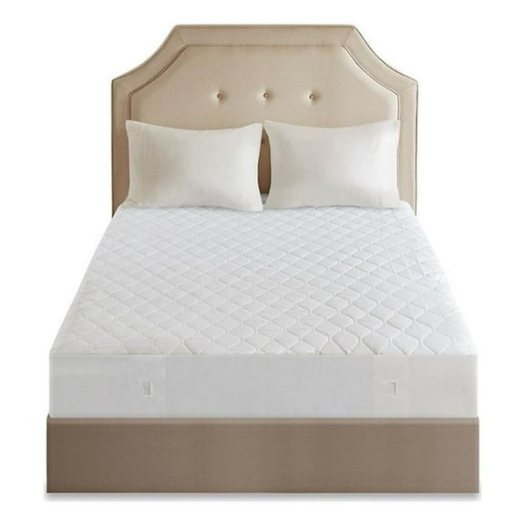 Maklaine Contemporary Cotton Blend Heated Mattress Pad in White