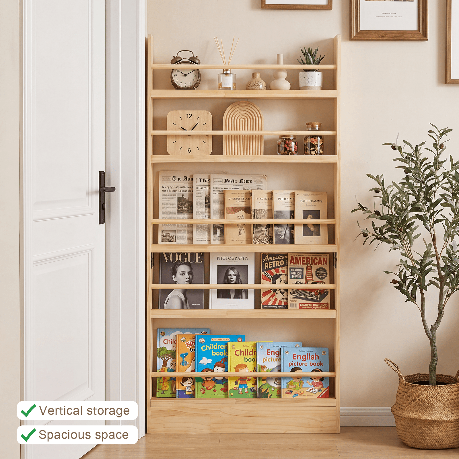 Behind the Door Bookshelf 31.5x4x56.3 Inch Solid Wood 5-Shelf Narrow Storage for Living Room Bedroom Entryway