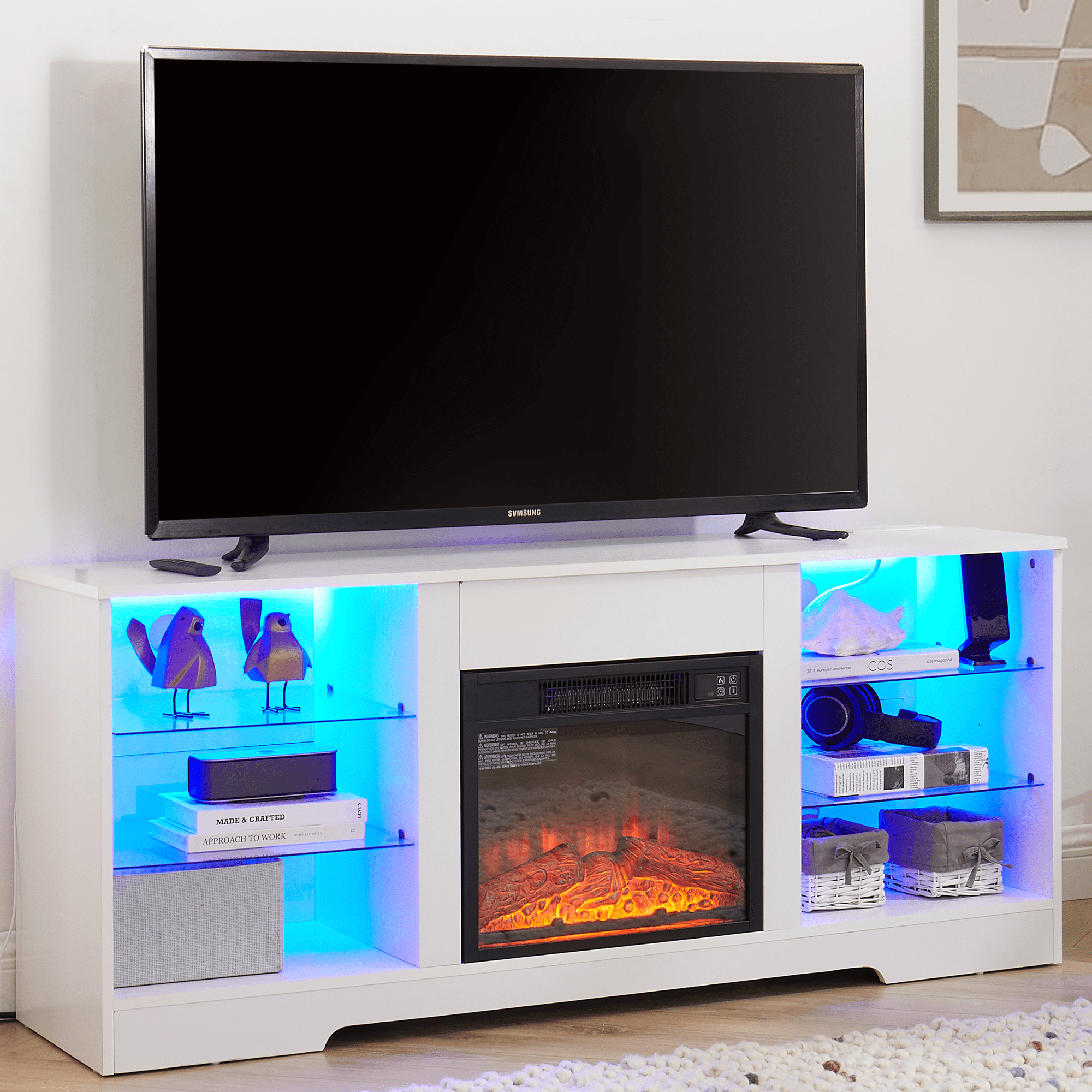 SESSLIFE Fireplace TV Stand for 65 Inch TV, Farmhouse TV Stand with Storage Shelves, Entertainment Center with 3D Flame Electric Fireplace Heater, White
