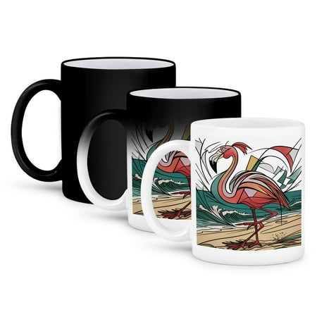 

3dRose Cool Funny Pink Flamingo Bird Abstract Art Beach Nature 11oz Magic Transforming Mug