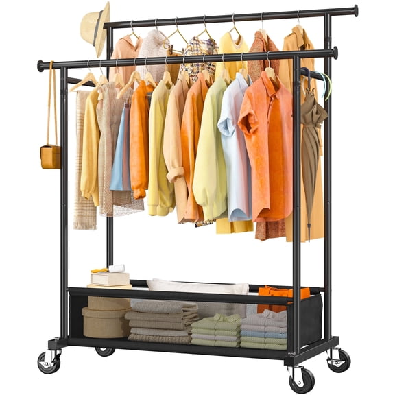 Rolling Garment Rack with Wheels,Double Rod Heavy Duty Clothes Rack with Storage Basket,Portable Closet Organizer for Bedroom Laundry Entryway,43.3"W x 17.7"D x 63"H,Black