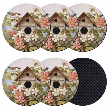 Birdhouse Vintage Coasters Set of 6 Soft Absorbent Coasters for Drinks Spring Floral Birds Botanical Non-Slip Cup Coaster Mat with Rubber Bottom for Home Kitchen Desk Coffee Bar Table Decor 4
