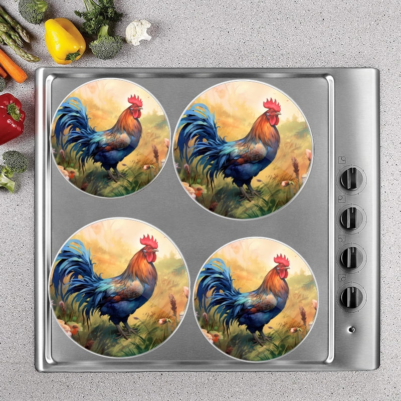 Bahomeck Gas Stove Burner Cover Set Of 4,Vibrant Rooster Standing Tall In The Center Of Idyllic Farm Scene Metal Electric Stove Burner Covers,Protecting Gas Stoves,Kitchen Decor，8 Inch And 10 Inch