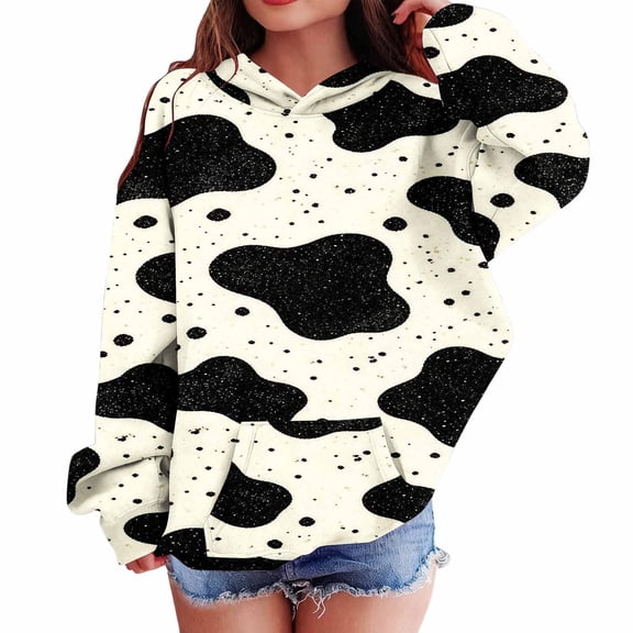 Yutgune Unisex Kids Multicolor Cow Print Hoodie, Long Sleeve Graphic Pullover Sweatshirt with Pocket, Sizes 3-14 Years