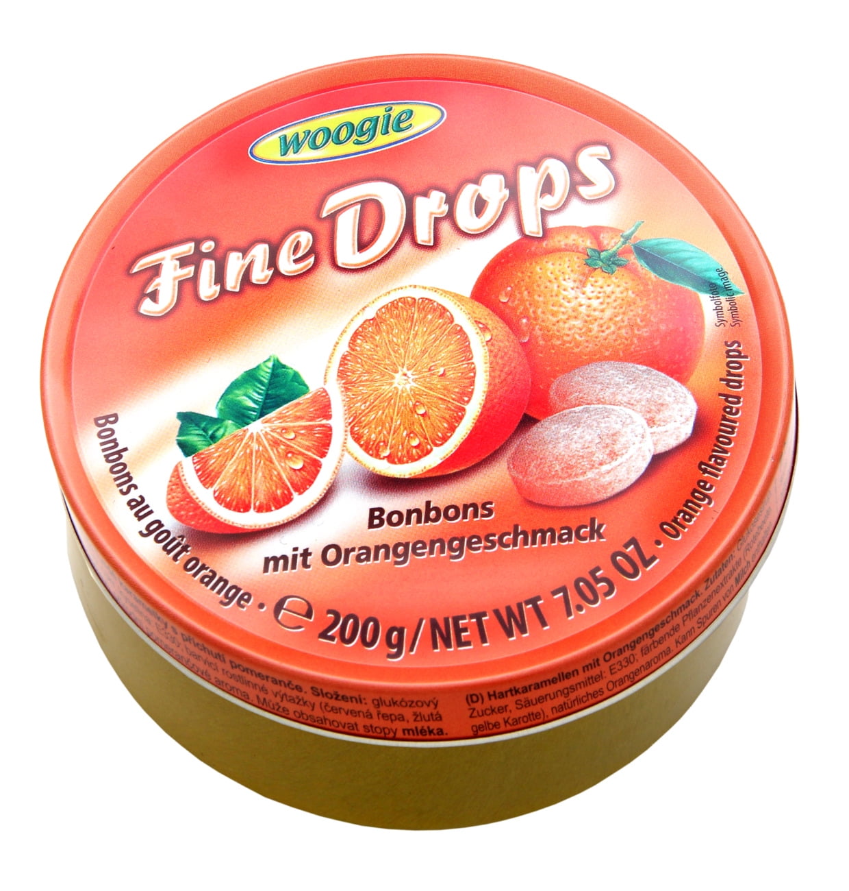 Woogie, German Fine Drops Orange Sanded Hard Candy Tin 200g