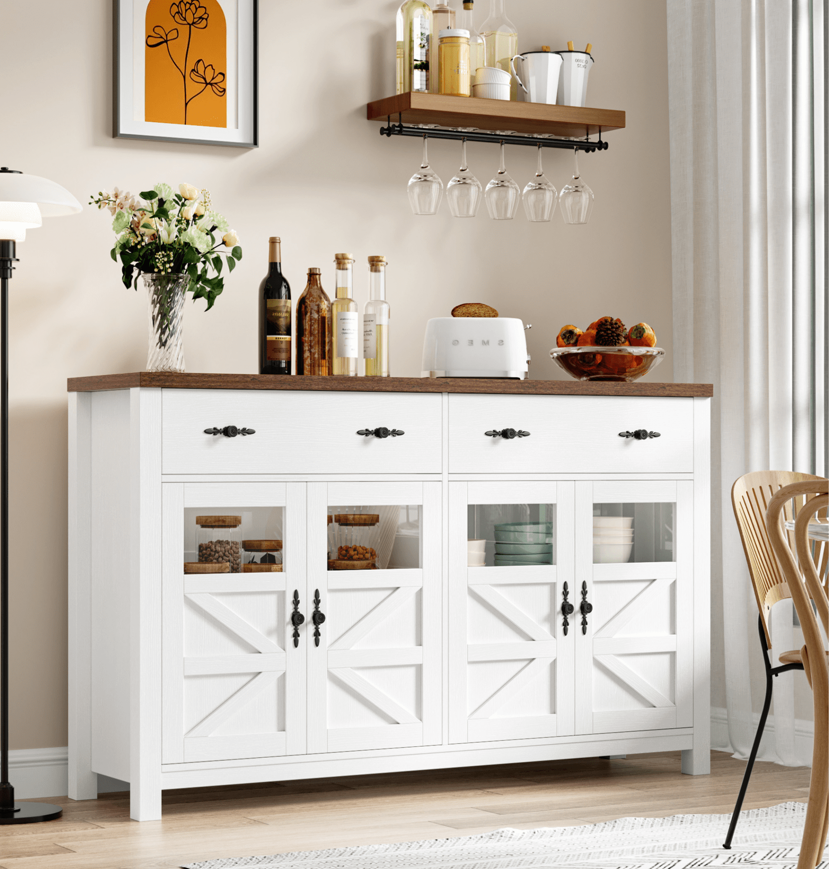Homfa Farmhouse 55.1"W Kitchen Buffet Cabinet with Storage Drawer & Adjustable Shelf, Glass Door Wood Sideboard Credenza Coffee Bar with for Dining Room Living Room, White & Natural Wood
