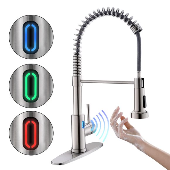 Grifo de cocina OWOFAN Touchless con rociador desplegable y luz LED
