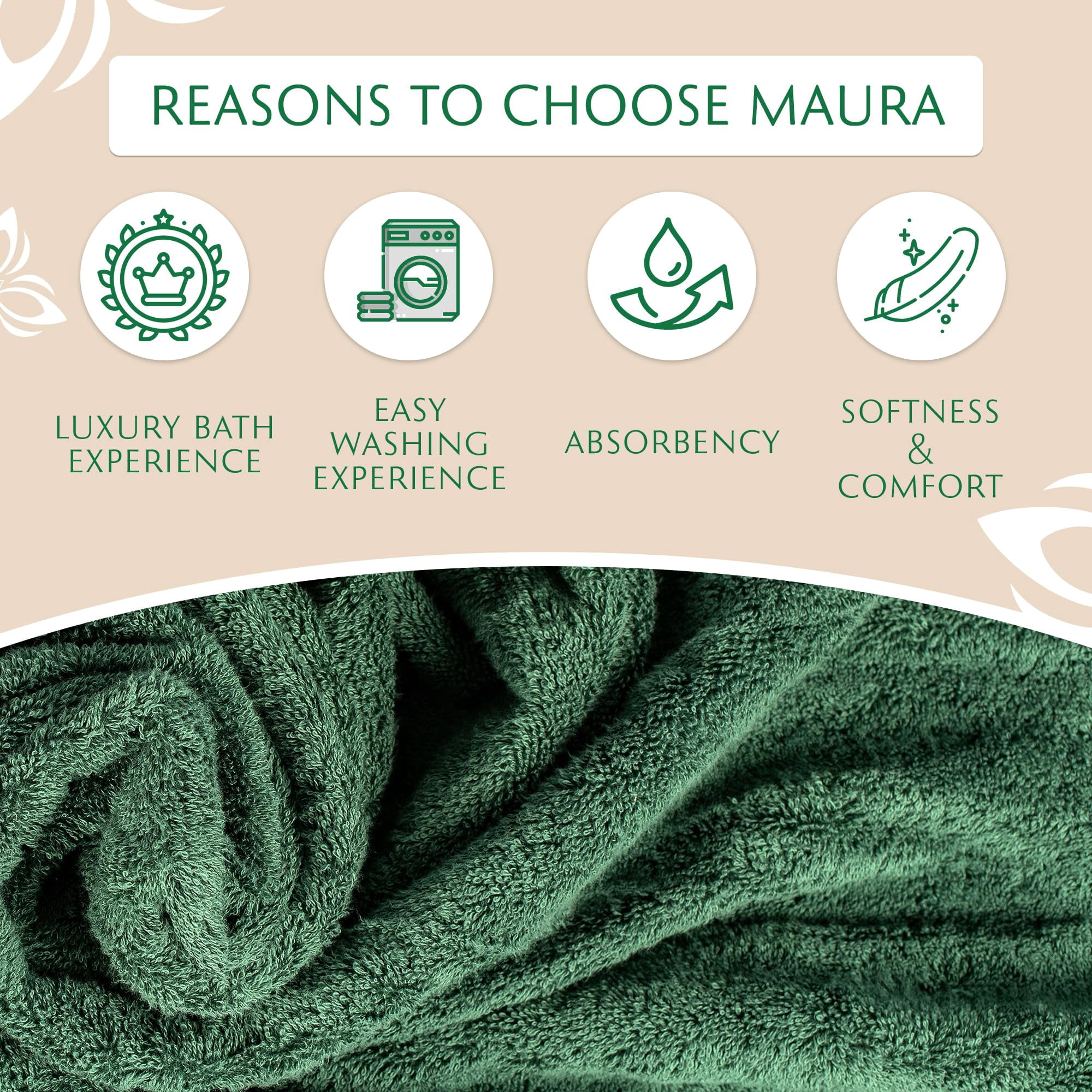 MAURA Hunter Green Extra Large Turkish Cotton Luxury Bath Towels set of 4. Ultra-Soft, Thick & Plush Towels for Bathroom - Dark Green