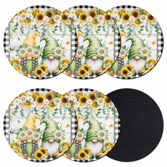 Sunflower Gnomes Coasters Set of 6, Absorbent Coasters for Drinks, Spring Farmhouse Daisy Leaf Wooden Grain Coaster for Desk Coffee Table Protection, Home Decor House Warming Gifts 4"