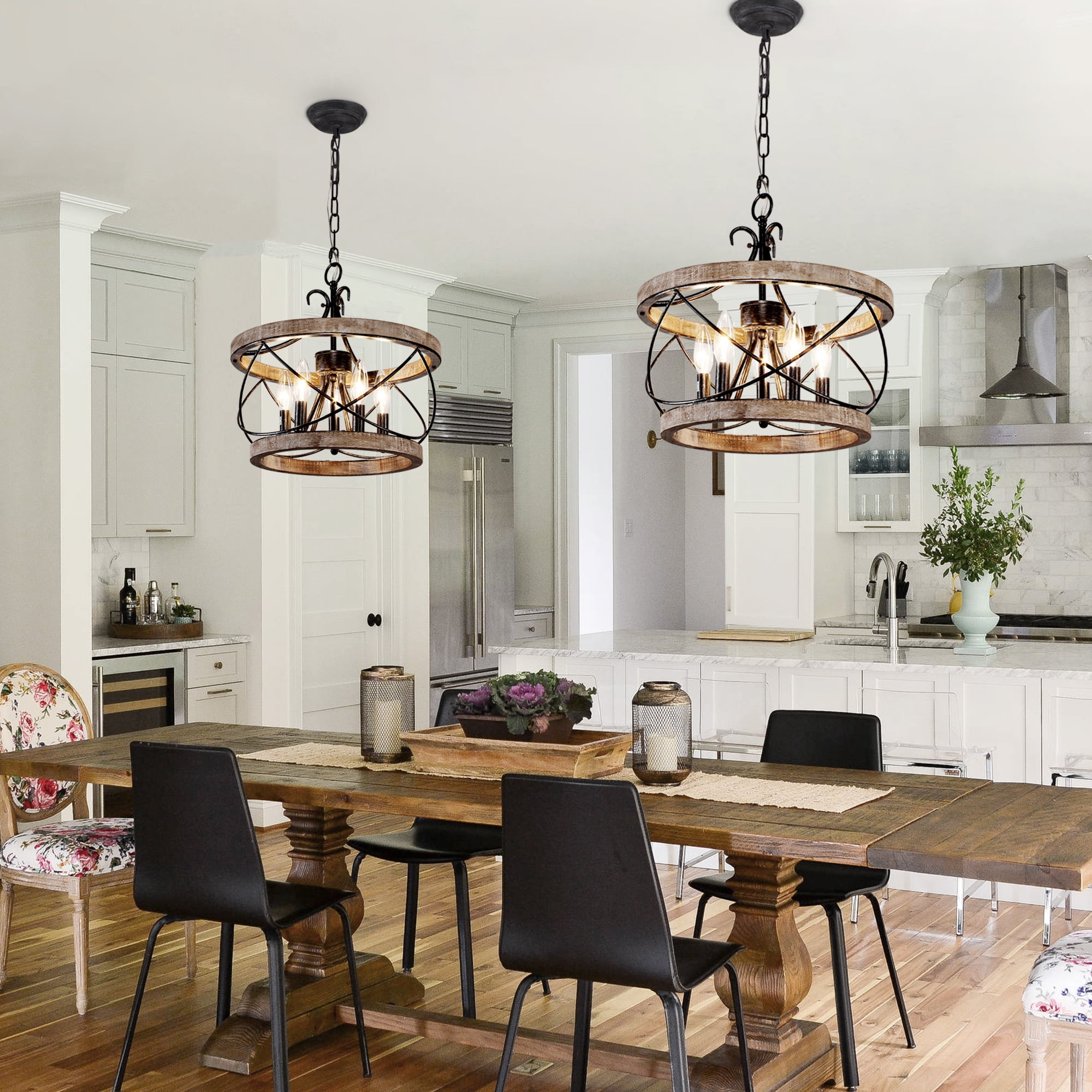 Oaks Aura 5-Light Wood Farmhouse Drum Chandelier Dining Room Adjustable Height Pendant Lighting