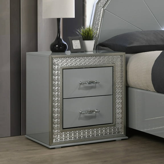Furniture of America Gliste Adult Glam 2-Drawer Nightstand, Metallic Gray
