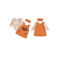 thumbnail image 2 of Loicainy Infant Baby Girl Halloween Outfit 3 6 12 18 Months Pumpkin Ruffle Long Sleeve Romper Overall Dress Headband 3 Piece Clothes Set, 2 of 9