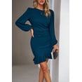thumbnail image 3 of YNIQUE Women's Round Neck Dress Temperament Bubble Long Sleeve Clean Color Dress, 3 of 5