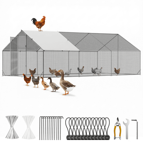 CAMMOO 19.7x9.8x6.6ft Large Metal Chicken Coop with Run for Yard, Outdoor Walk-in Poultry Cage with Waterproof & Anti-UV Cover, Chicken Pen for Ducks, Rabbits