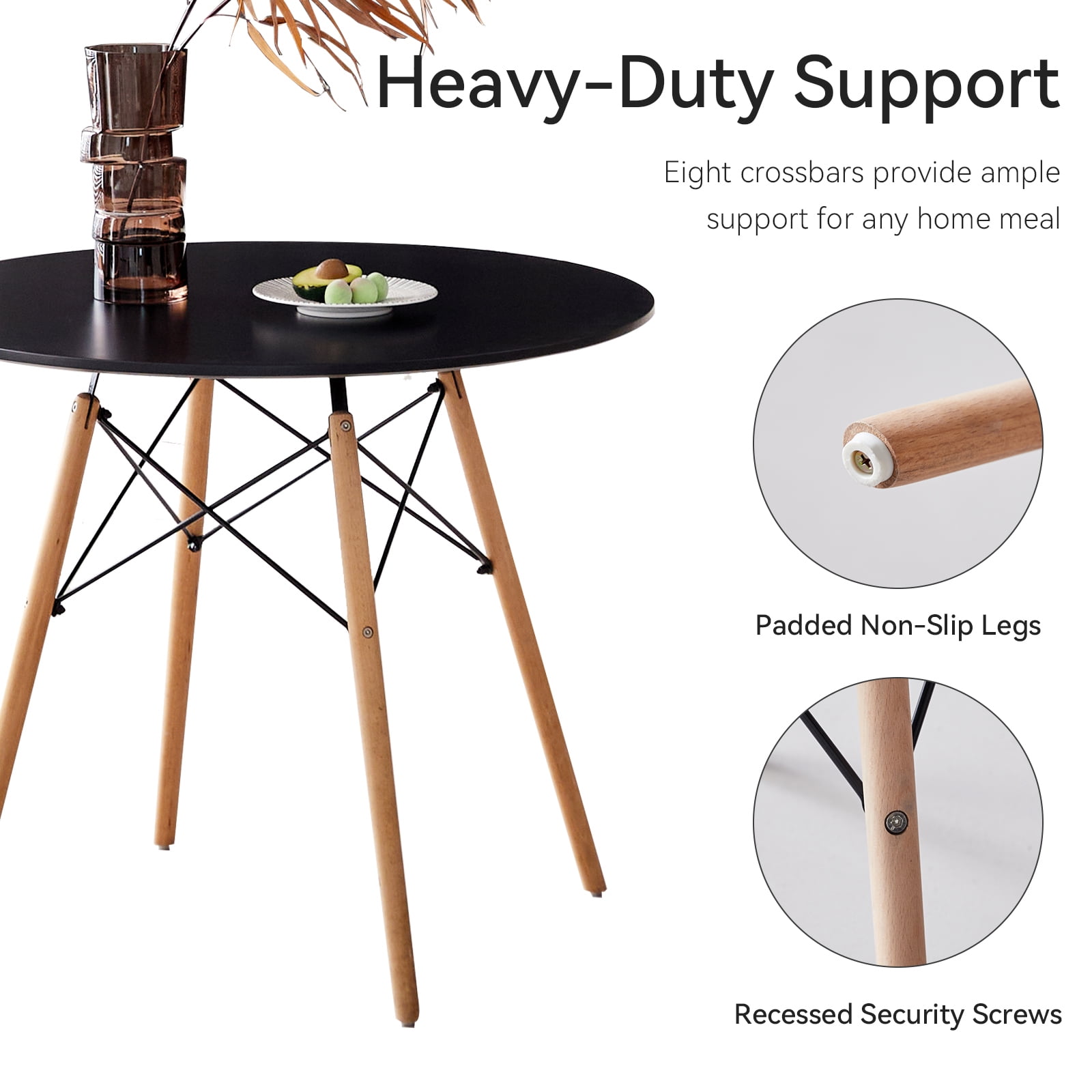 5 Piece 35.5'' Round Dining Table Set for 4, Kitchen Table & Chairs Set of 4, Mid-Century Modern Table W/ 4 Chairs for Home, Living Room, Apartment, Wood Legs, Metal Frame, Black