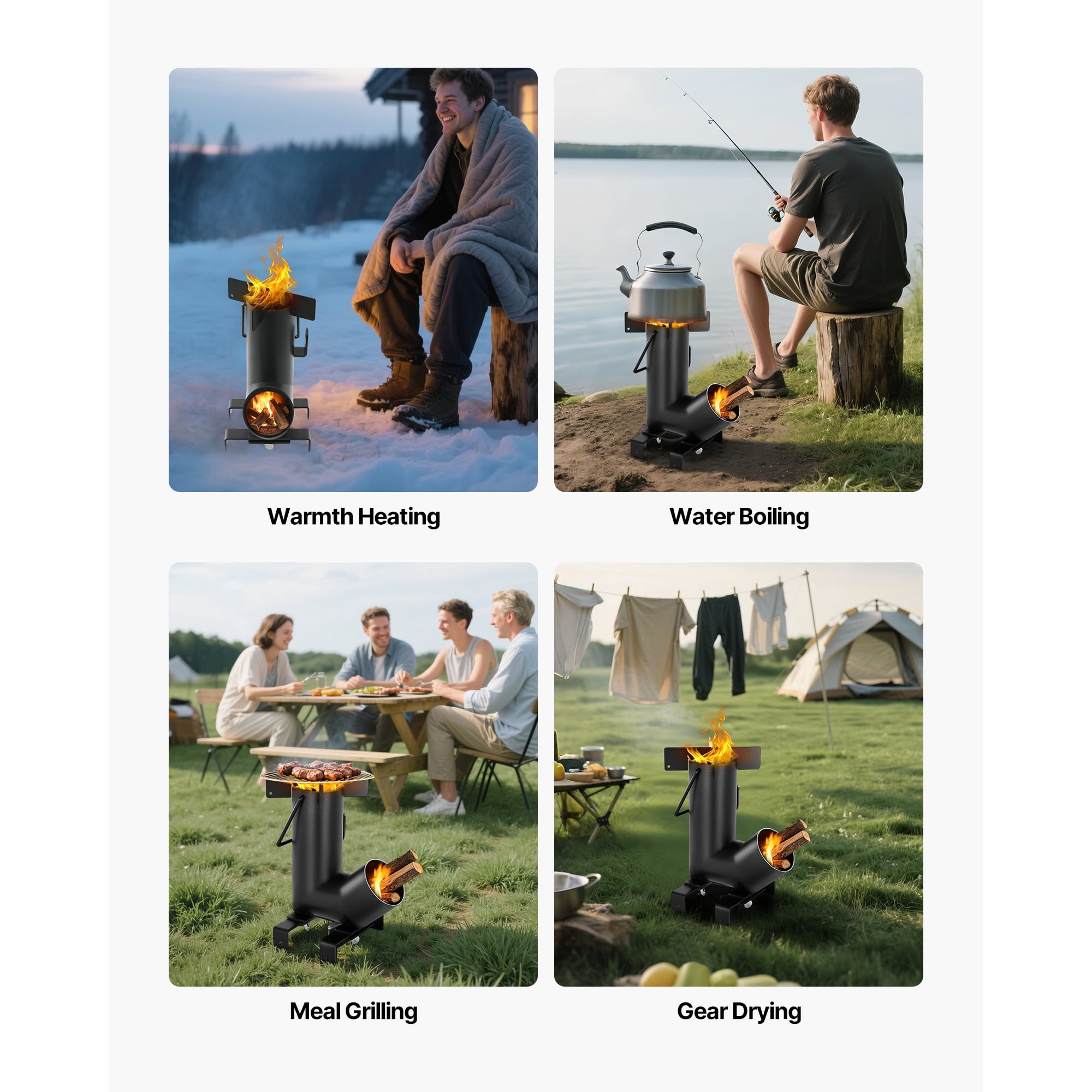 KFFKFF Portable Camping Rocket Stove, Carbon Steel Wood Burning Stove with Carrying Bag for Outdoor Cooking, Backpacking, Heating, and Backyard Use, Burns Wood, Twigs, or Sticks, Black