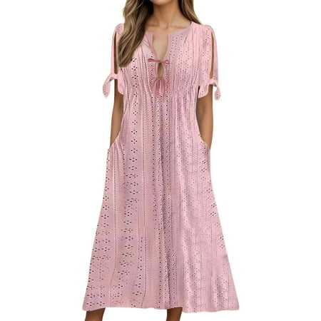 DGMIOCS Women s Dress V Neck Maxi for Daily Wear Comfortable Flowy Spring Summer Fall Dress with Timeless Pink XXL