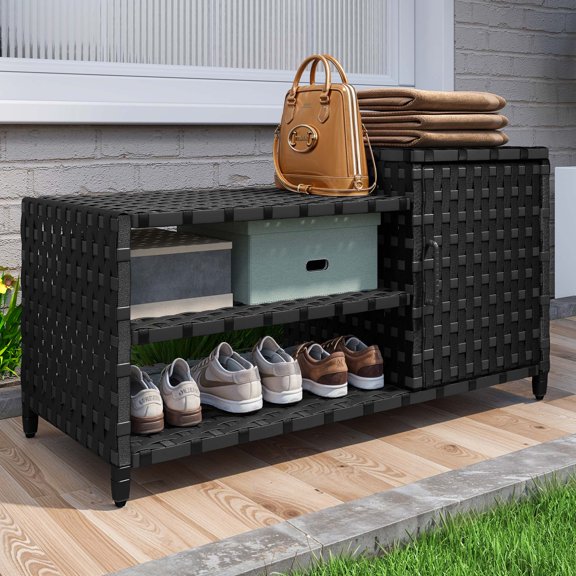 Uforic Woven Outdoor Pool Storage, Shoe Cabinet with Bench, Multi-Layer Storage - Durable PE Rattan Storage for Garden, Poolside, or Patio (Black)