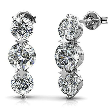 18k White Gold Crystal - Cate & Chloe Ellie 18k White Gold Earrings with Swarovski Crystal, Triple Round Cut Solitaire Diamond Sparkling Crystal Drop Earring Set, Stud Earrings - MSRP $132