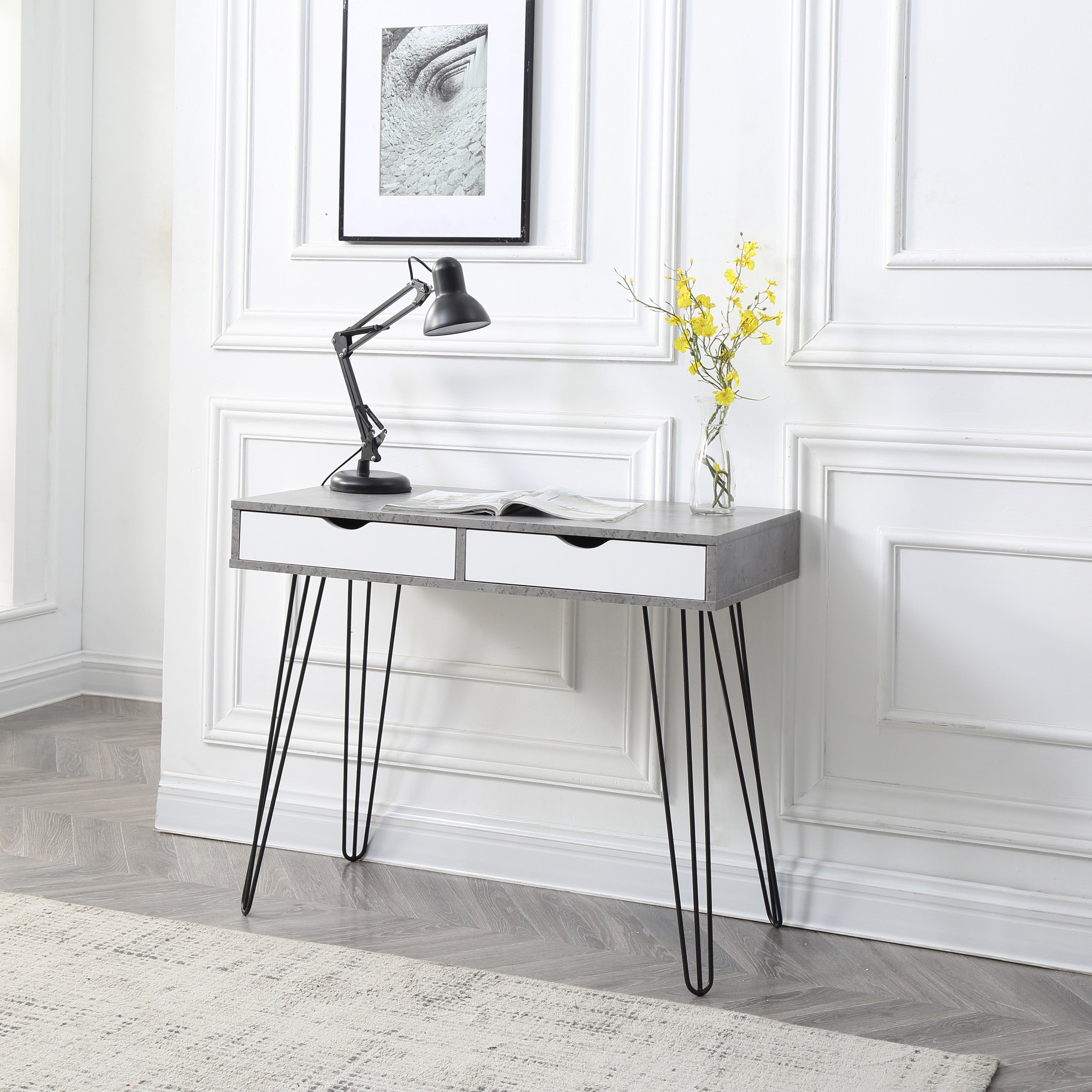 Retro Writing Desk with Drawers, Solid Hardwood Frame Home Office Computer Desk for Bedroom Dorm Study