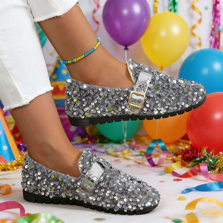 Elegant Women's Slip-On Loafers with Sequin, Black Glitter Slip-On Shoes with Chunky Heel Dress Shoes for Party Wedding Elegant Women's Slip-On Loafers with Sequin, Black Glitter Slip-On Shoes with Chunky Heel Dress Shoes for Party Wedding