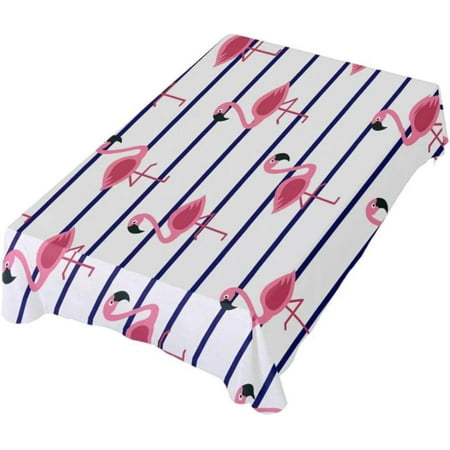 

Hyjoy Beautiful Tropical Pink Flamingo Navy Blue and White Stripes Rectangle Tablecloth Dinner Table Cover for Outdoor & Indoor Patio Picnic BBQ Holiday Party 54x72In