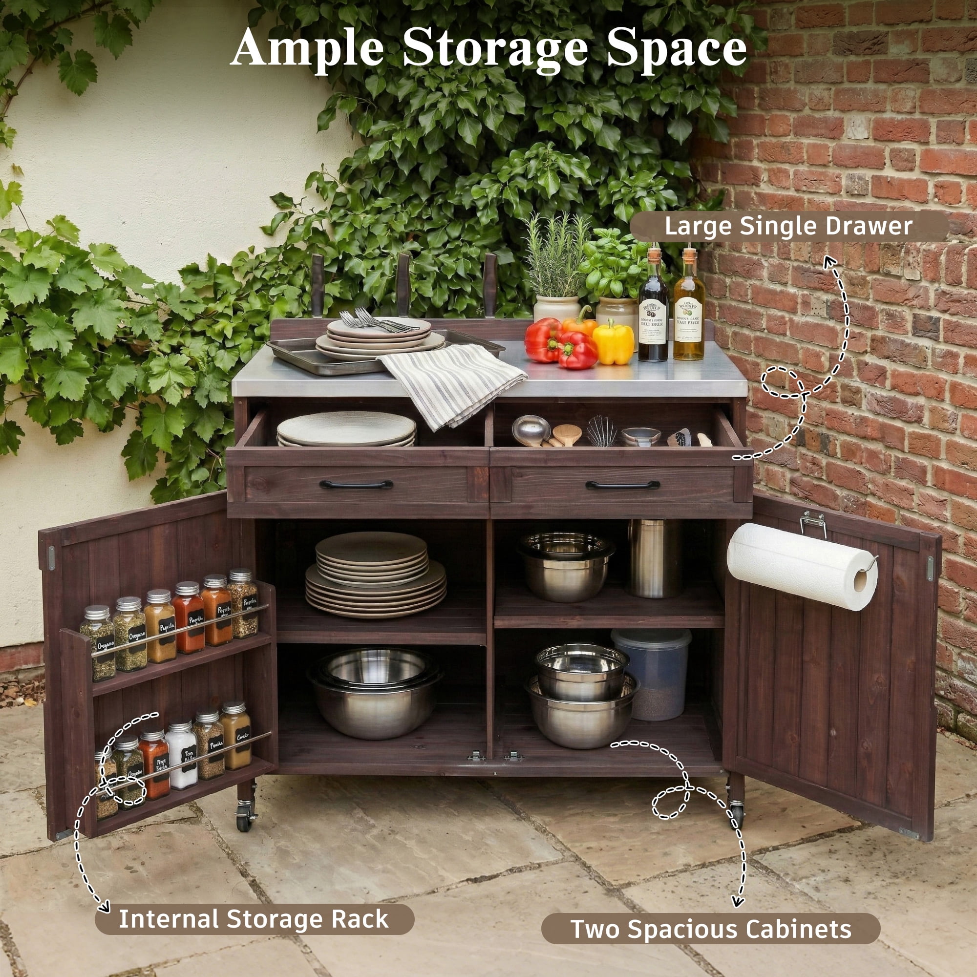 Mintazer 39.4" Outdoor Kitchen Island with Stainless Table Top & Storage Racks, Storage Kitchen Cabinet with Drawer & Adjustable Shelves, Brown