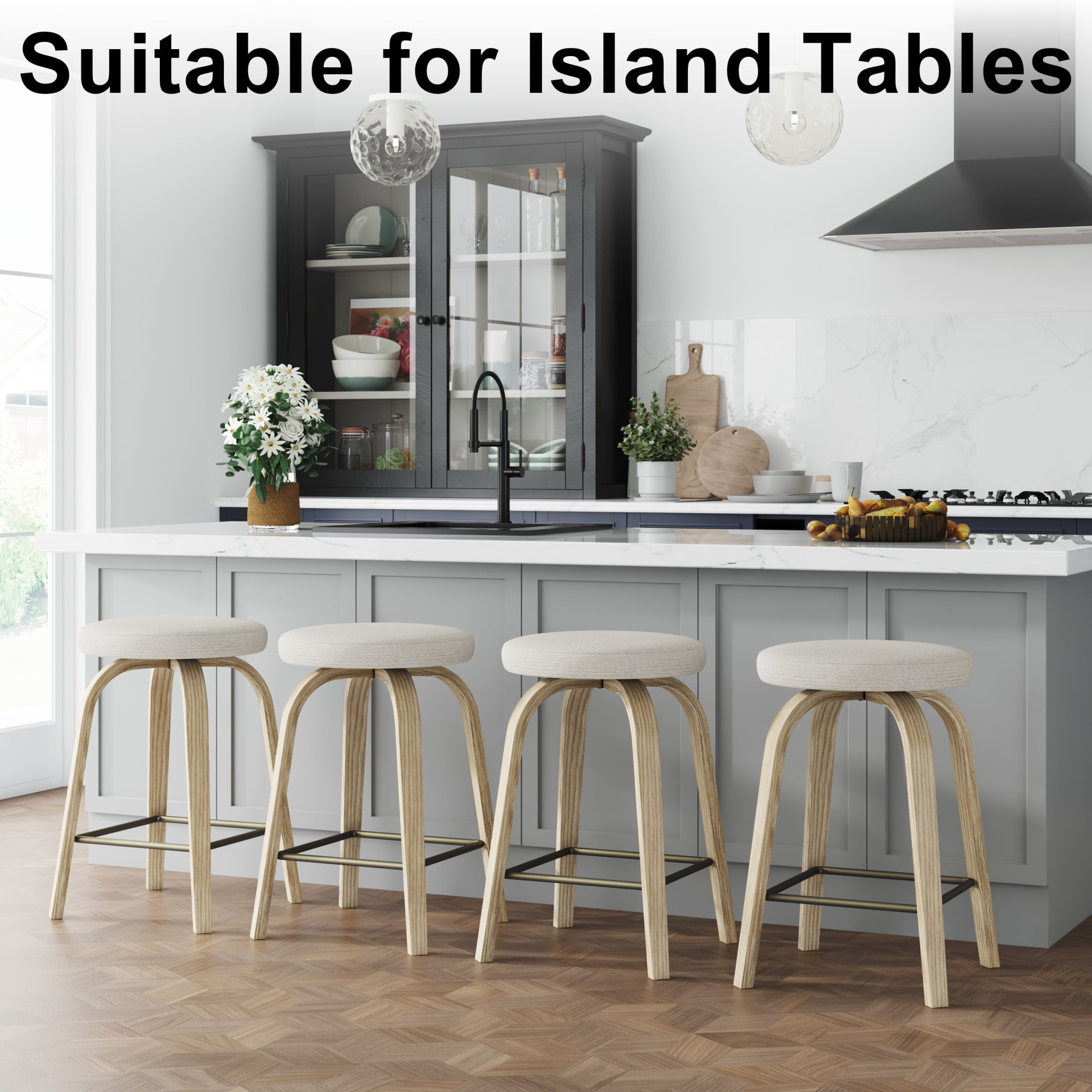 Noble House Florin 26" Swivel Backless Counter Height Bar Stools with Upholstered Seat & Bentwood Legs, Beige, Set of 2