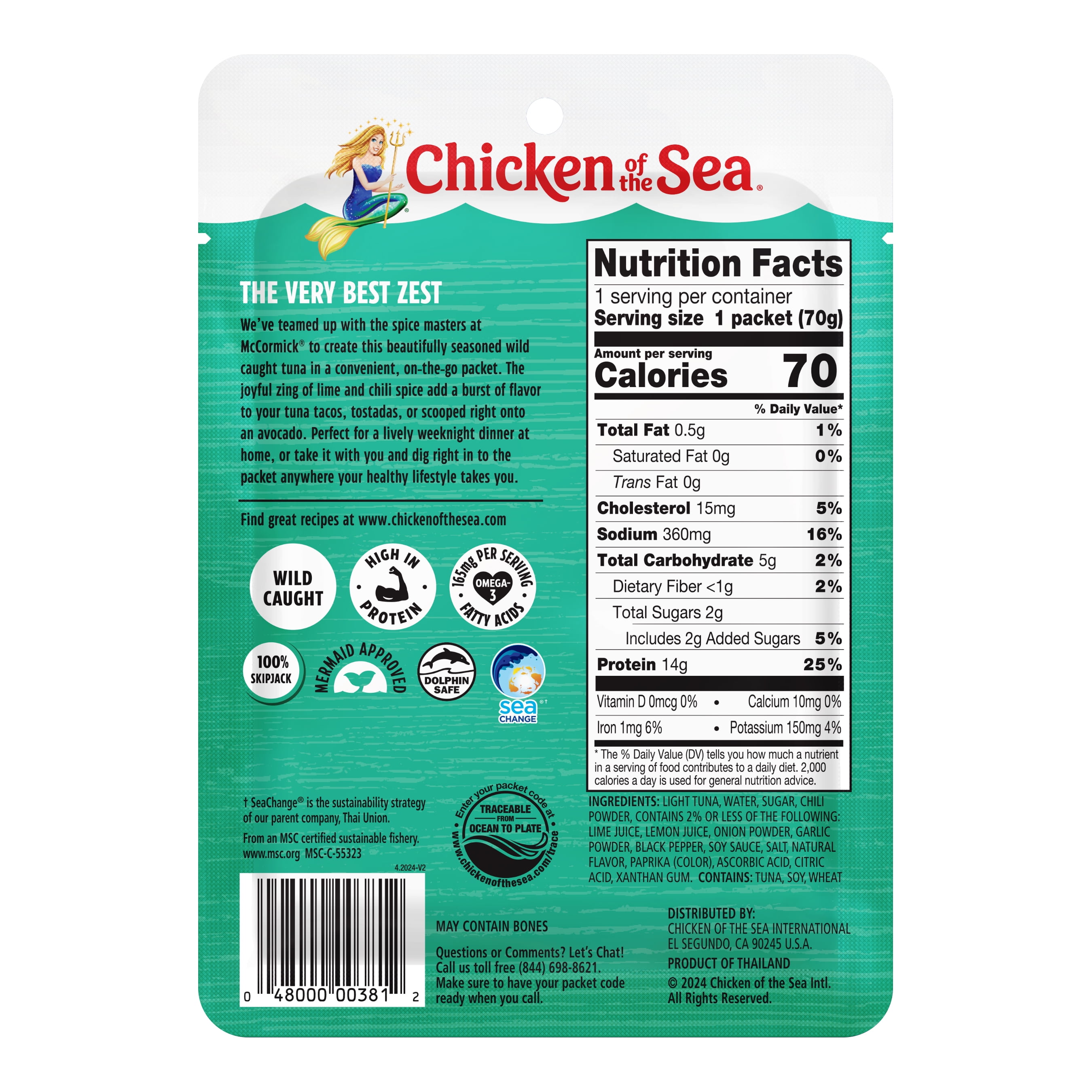 (12 pack) Chicken of the Sea Wild Caught Light Tuna Packet, Chili Lime 2.5 oz