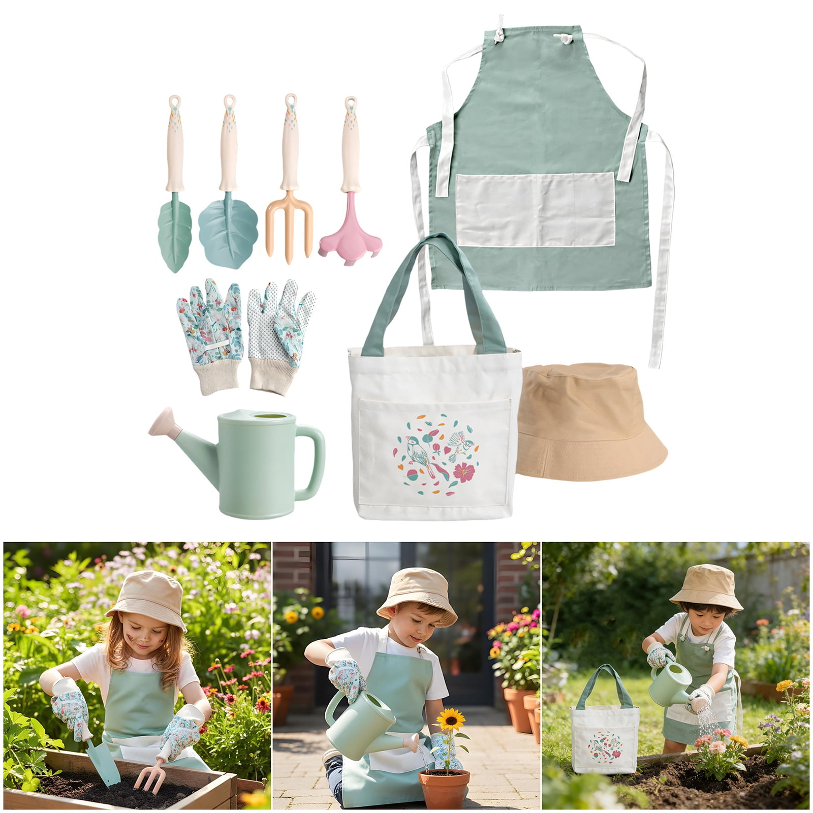 Fun And Secure Kids Gardening Equipment 9 Items Including Apron Hat And Gloves For Junior Explorers