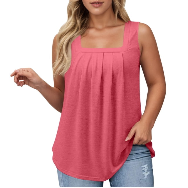 Gpoecd Plus Size Tank Tops for Women Women's Casual Square Neck Pure Color Ruffle Detail Blouse for Spring Summer Camisole Tops for Women Watermelon Red,XXXXL