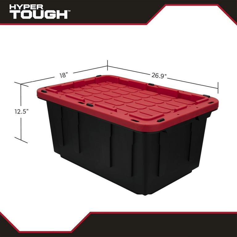 Hyper Tough 17 Gallon Snap Lid Plastic Storage Bin Black Red Set of 4