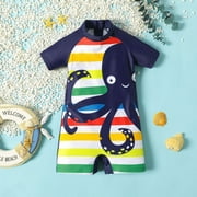 PatPat Toddler Boy Octopus Striped Zipper Short-sleeve Swimsuit,Sizes 18M-6Y,One Piece