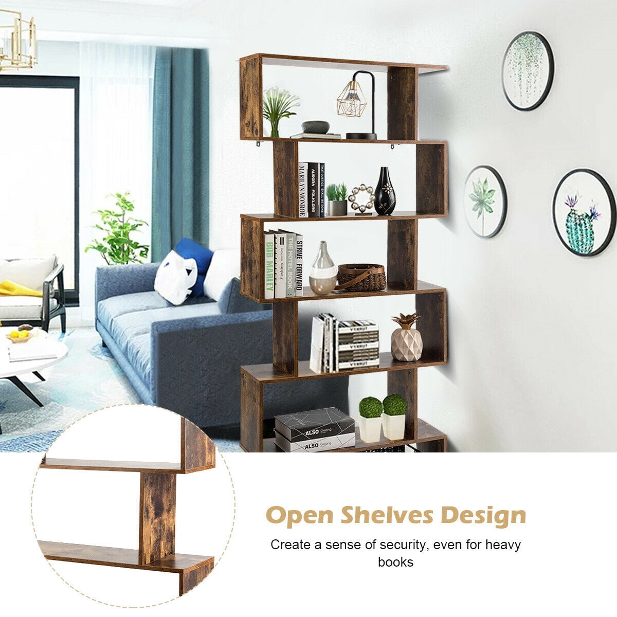 Gymax S-Shaped 6 Tier Bookcase, Brown
