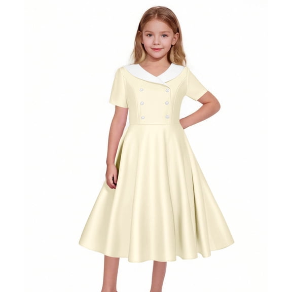 Iyufng Dresses for Girls Hepburn Style Short Sleeve Collared Dress Fitted Button Down Dance Dress Children's Dresses