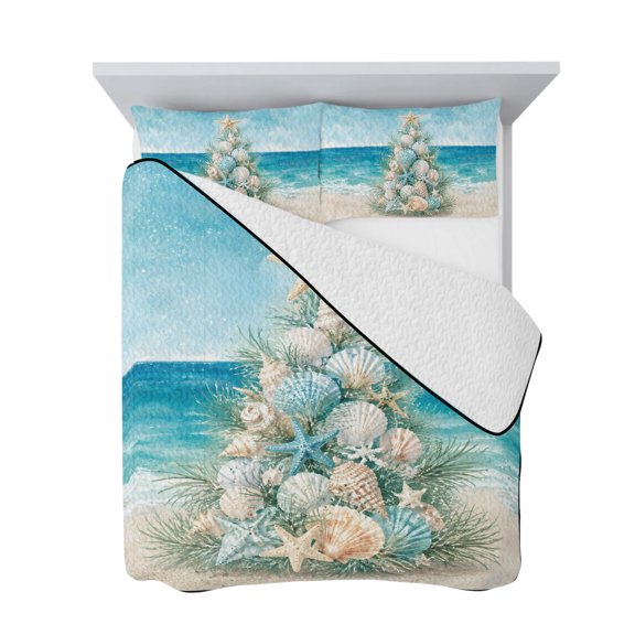 Twin Quilt Bedding Set, Seashell Christmas Tree Soft Microfiber Summer Bedspread Coverlet with 2 Pillow Shams for All Season, Blue Ocean Wave Sandy Beach Breathable Bedding Set for Hot Sleepers