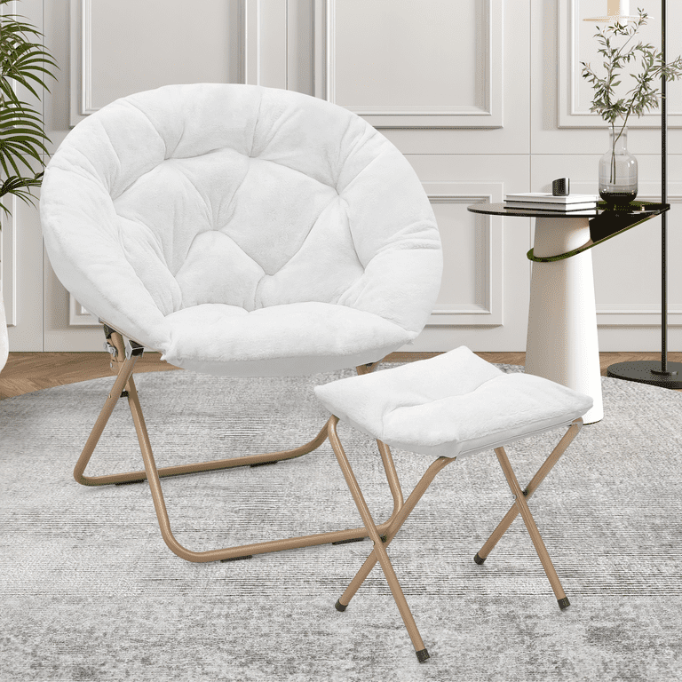 Magshion Set of 2 Folding Saucer Chair and Footrest Stool Set Soft Faux Fur Oversized Folding Accent Chair Metal Frame Moon Chair for Bedroom Living