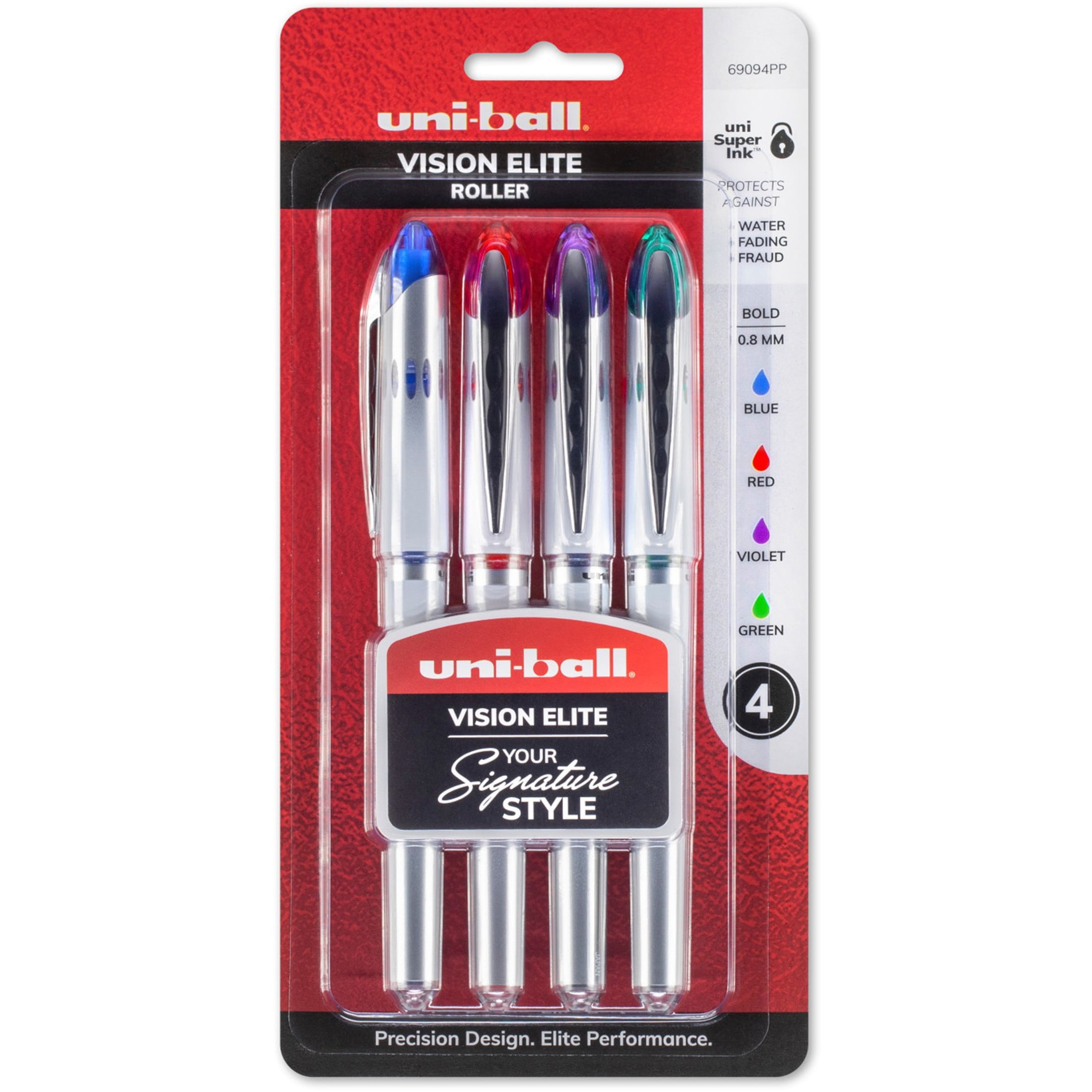 Black uni-ball Vision Elite Rollerball Pens 0.5mm 4 Count Micro Point 